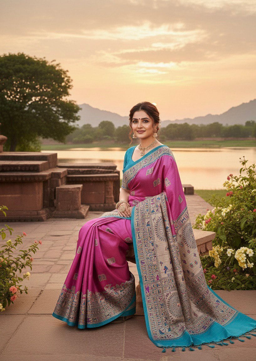 (PINK ) TASSAR GHICHA PURE SILK SAREE 100% HANDLOOM MADE
