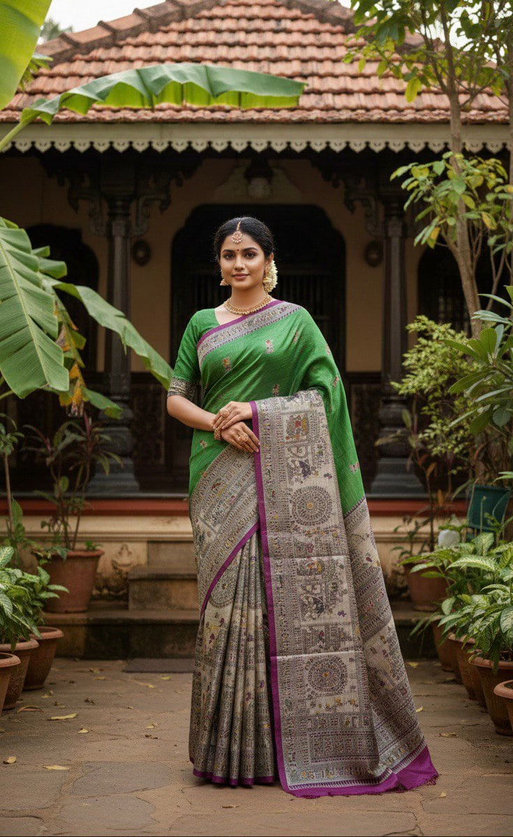 (GREEN) TASSAR GHICHA PURE SILK SAREE 100% HANDLOOM