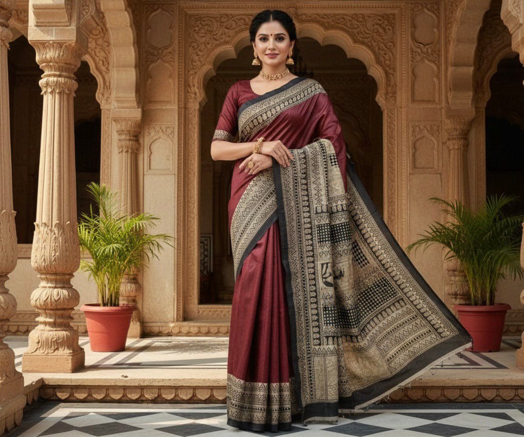 (RED) TASSAR GHICHA PURE SILK SAREE 100% HANDLOOM