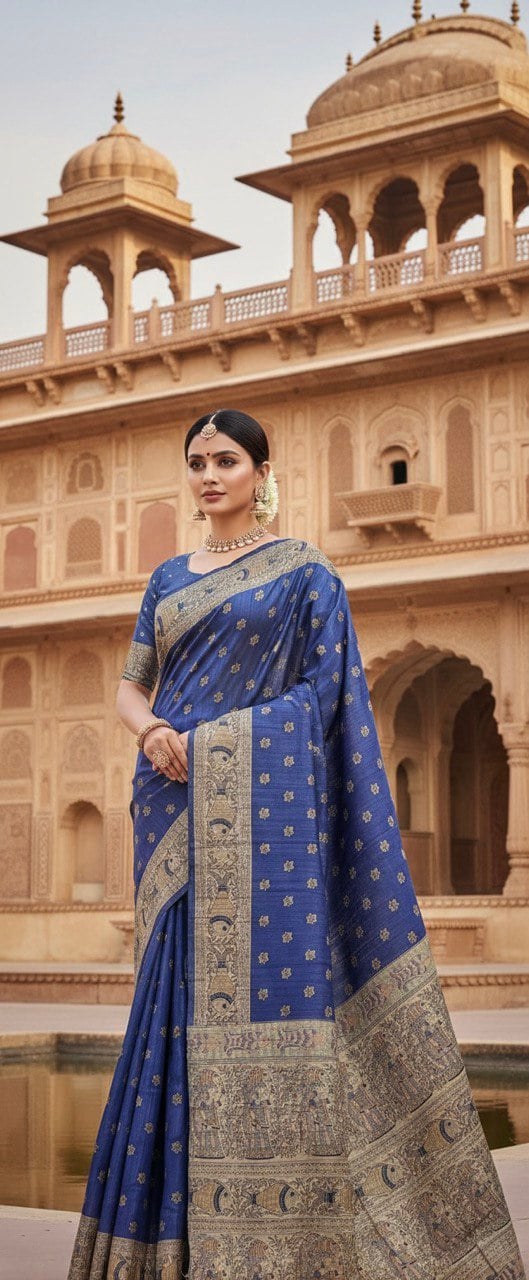 (BLUE) TASSAR GHICHA PURE SILK SAREE 100% HANDLOOM