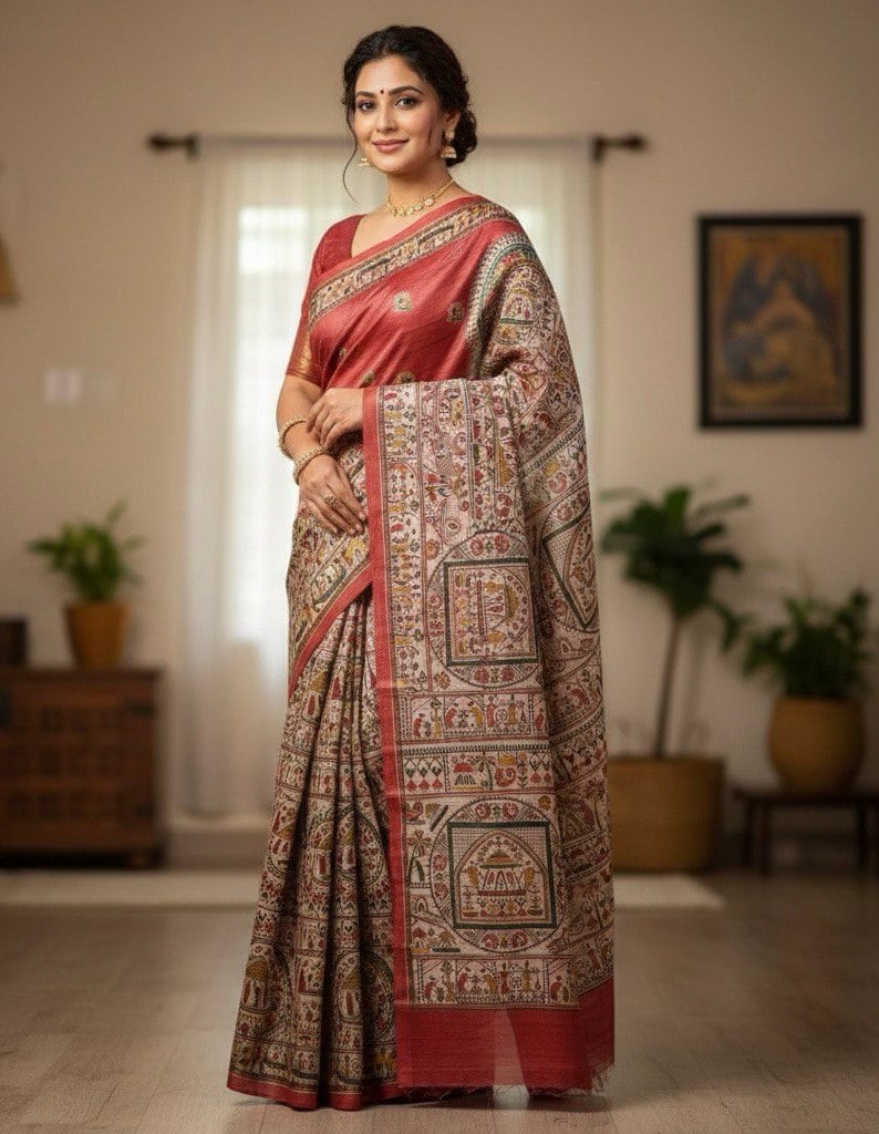 (RED) TASSAR GHICHA PURE SILK SAREE 100% HANDLOOM