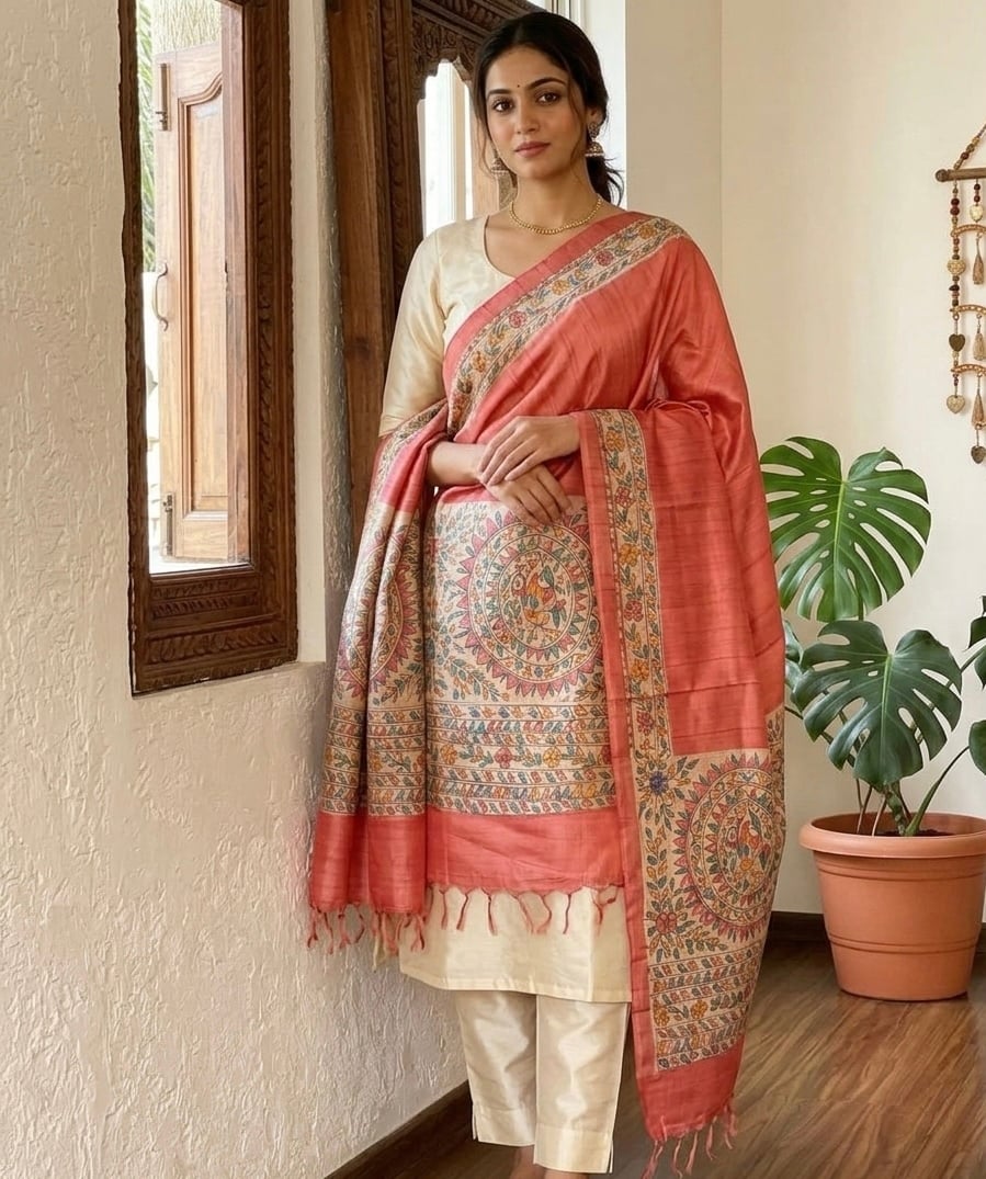 (Baby Pink) Tassar Ghichha Madhbani Hand Print Dupatta Ladies