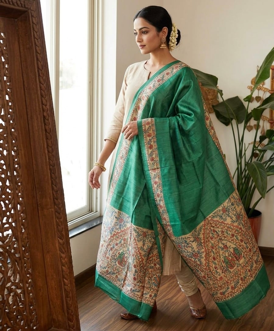 (Green)Tassar Ghichha Madhbani Hand Print Dupatta