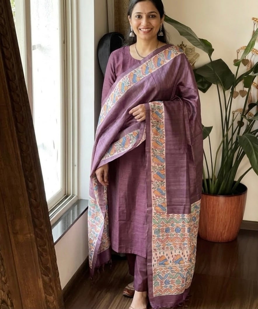 (Purple) Tassar Ghichha Madhubani Hand Print Dupatta