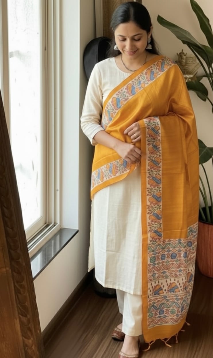 (Yellow) Tassar Ghicha Madhubani Hand Printed Dupatta