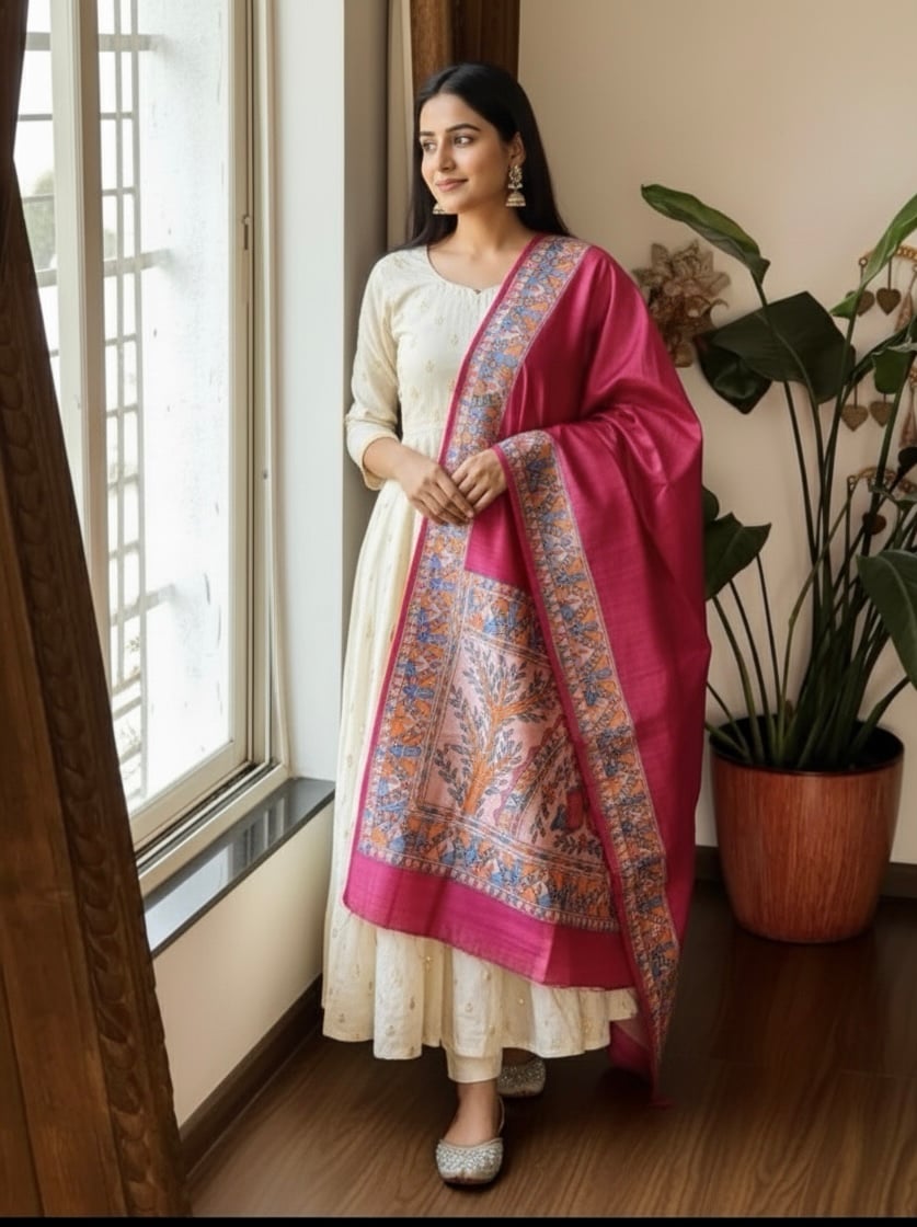 (Pink) Tassar Ghicha Madhubani Hand Printed Dupatta