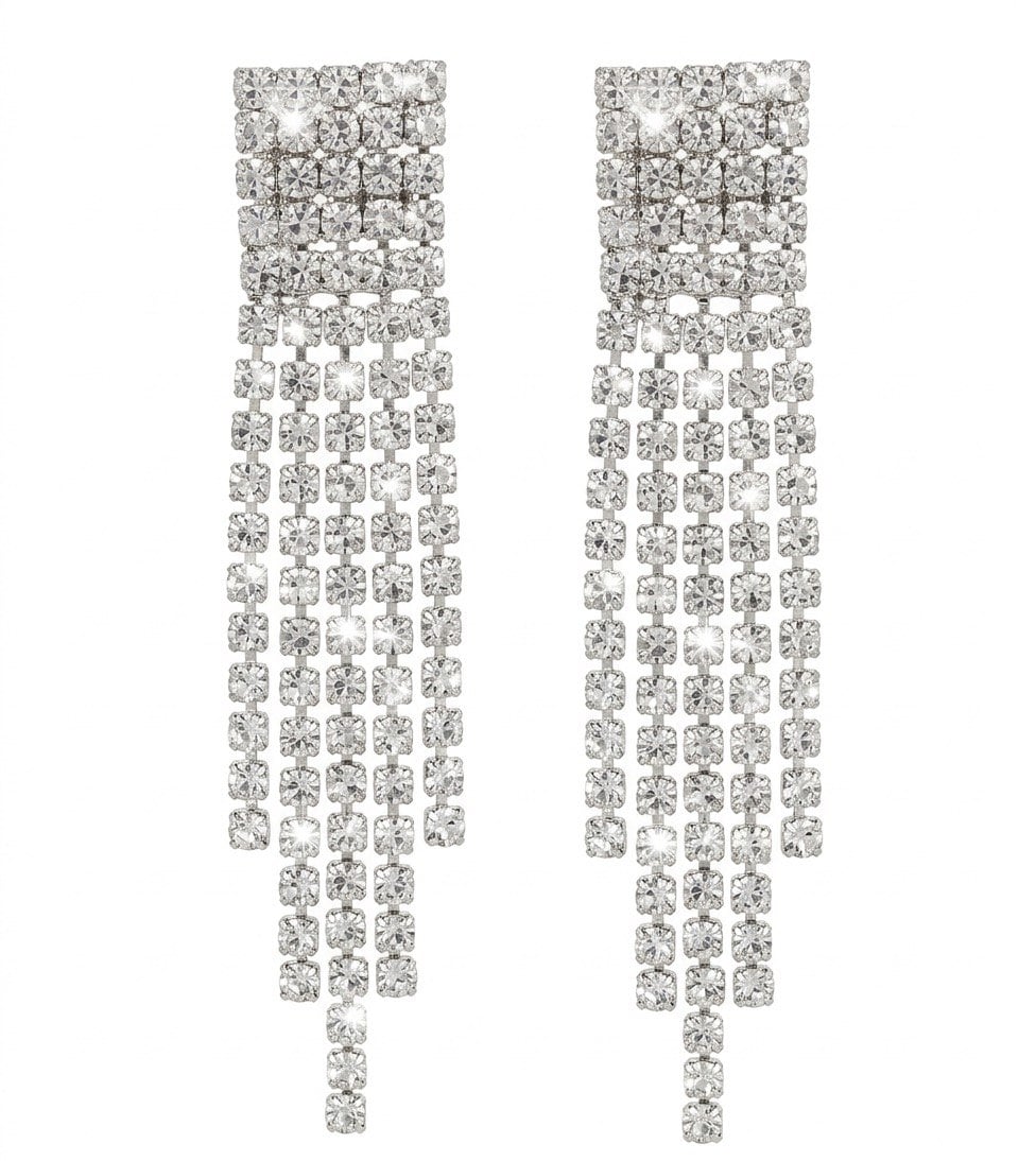 Rhinestone Tassel Earrings for Women & Girls, Silver Tone Long Chain Dangler for Party Lightweight Statement Jewellery for Wedding & Club Night